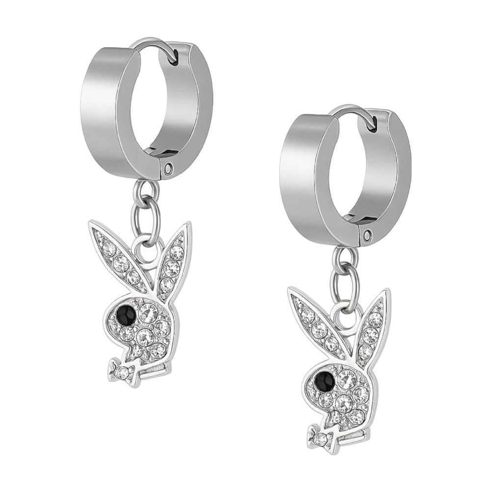 NEW PLAYBOY Huggie Hoop Drop Earrings Playboy Bunny Silver w/ Rhinestones
